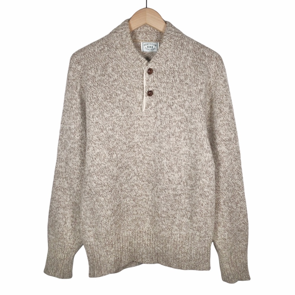 Vintage Wool Button Neck Henley Chunky Knit Men's Beige Sweater S Small